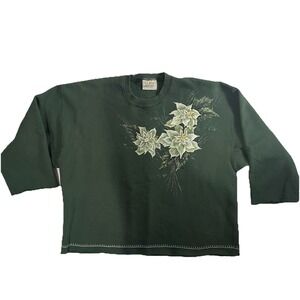 Boho Vintage LL Bean Green Christmas Poinsetta Sweatshirt Women's XXL Made USA